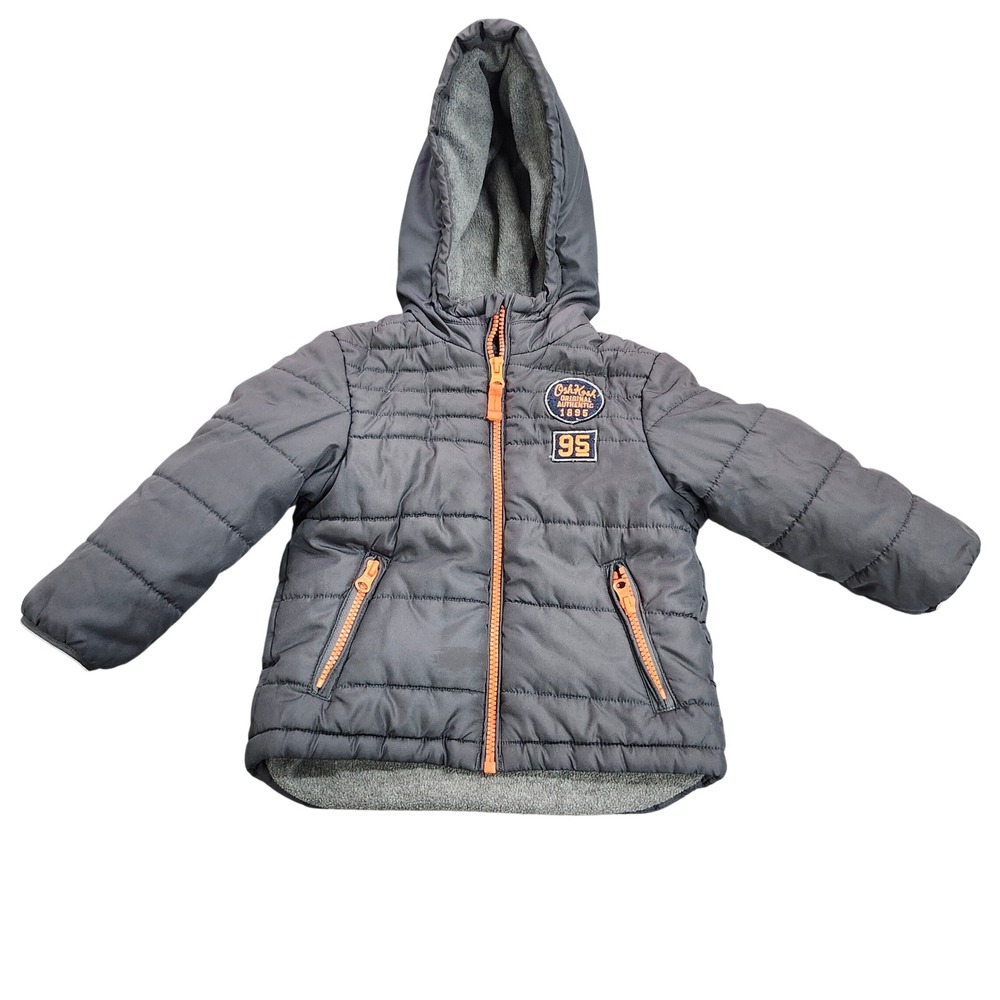 OshKosh Bgosh Toddler Boys Gray Orange Hooded Puffer Jacket Size 2T 16647